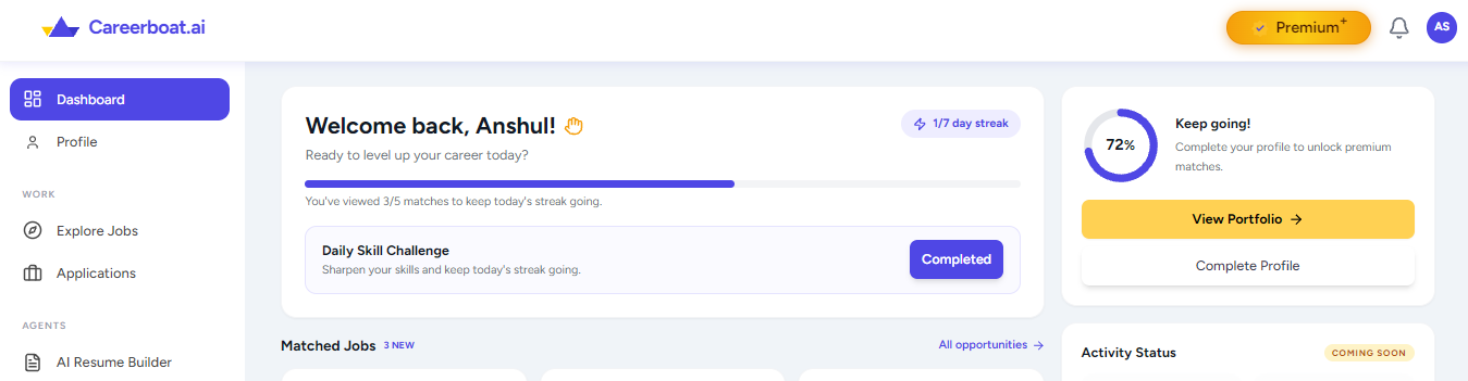 Careerboat.ai dashboard showing daily quiz, job alerts, profile completion and AI-matched jobs